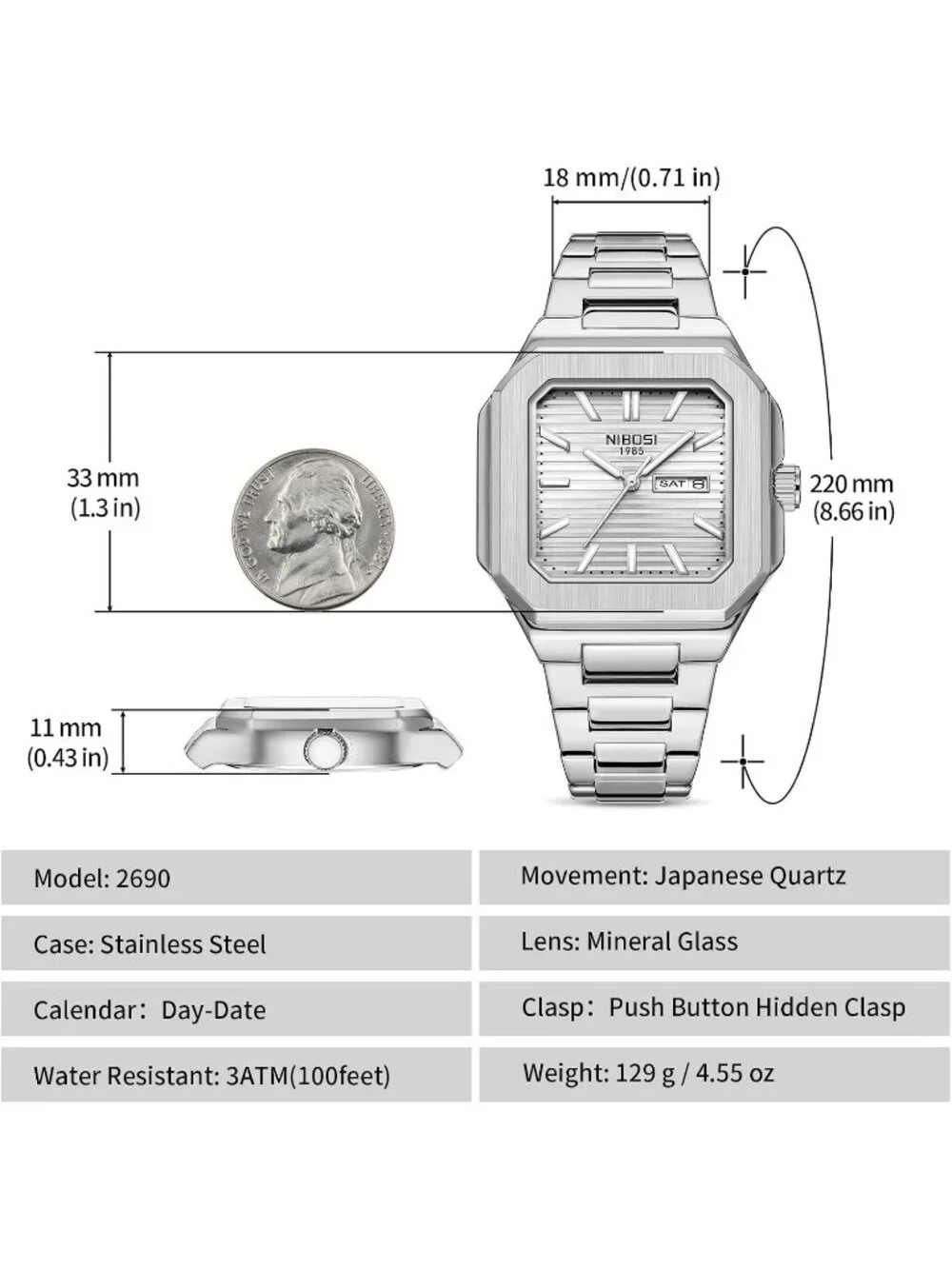 Men's Silver Square Analog Quartz Stainless Steel Waterproof Dress Wrist Watch
